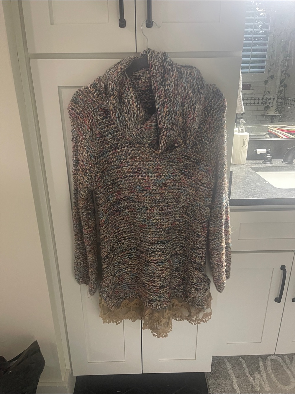 Rye Multicolor Cowl Neck Sweater with Cream Lace Hem